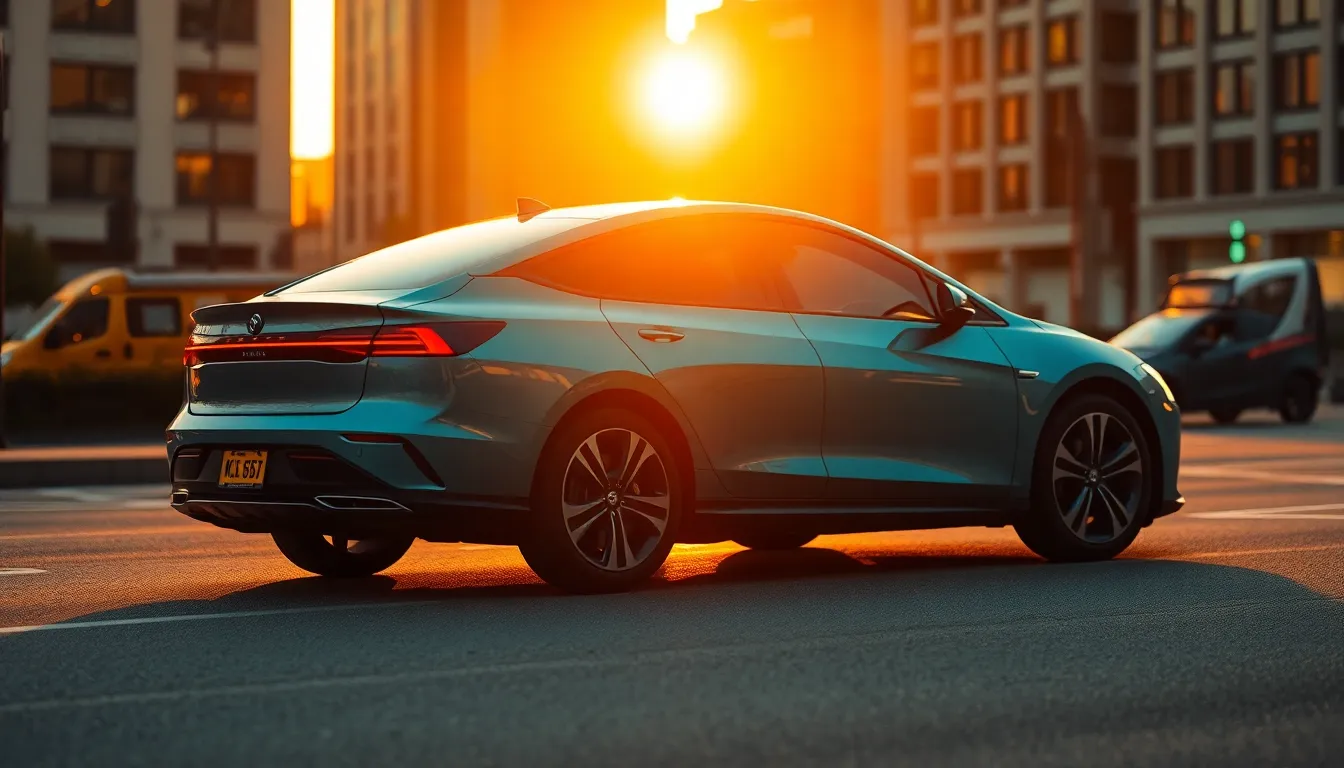 A modern electric sedan shines as the sun sets behind the city skyline, casting a warm glow around its sleek curves. The car is parked on a textured asphalt street, with vibrant city lights creating a dreamy backdrop. The blend of teal and orange hues emphasizes the advanced technology of electric vehicles. The photograph's focus on the car, with a beautifully blurred cityscape, encapsulates the essence of modern urban living.