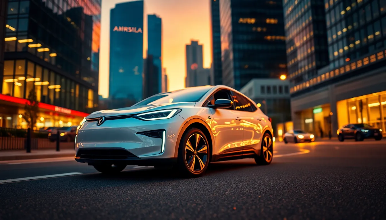 This image showcases a modern electric vehicle parked in an urban setting during sunset. The warm golden hour light reflects off tall glass buildings, creating an inviting atmosphere. With leading lines from the sidewalk, the focus is on the sleek design of the car, while the background blurs softly into the evening. The vibrant color palette enhances the contemporary vibe of a bustling city.