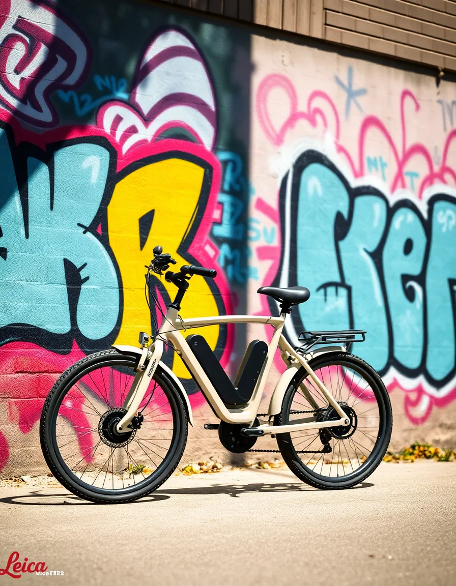This vibrant image features an electric bicycle parked against an eye-catching graffiti-covered wall. Direct sunlight illuminates the bike's sleek lines while casting bold shadows, enhancing the scene's urban feel. The bright colors of the graffiti contrast beautifully with the bicycle, showcasing the modern blend of art and eco-friendly transportation. This image captures the youthful spirit and excitement of riding electric bicycles in a city environment.