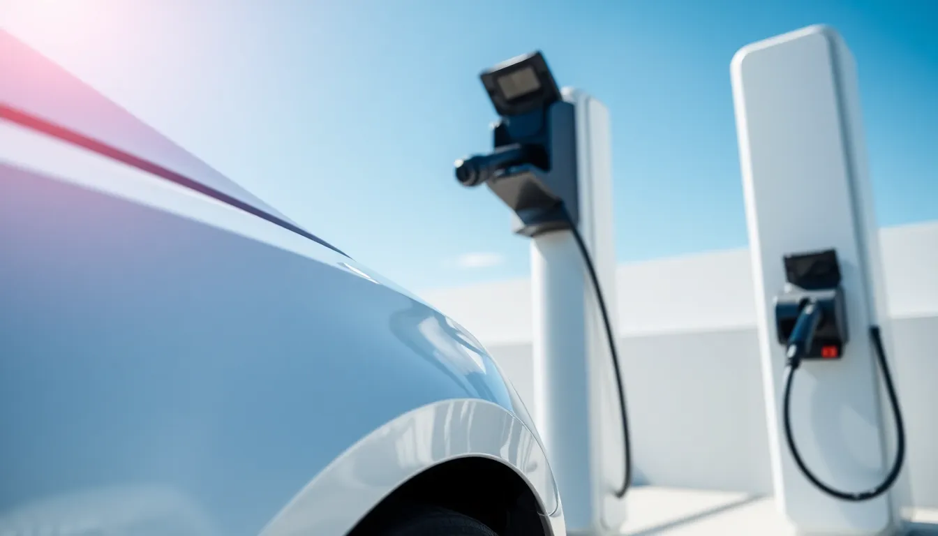 This image portrays an electric vehicle charging at a sleek modern station under a vibrant blue sky. Bright sunlight emphasizes the glossy finish of the car and the contemporary design of the charging infrastructure. The shallow depth of field focuses on the charging connector, highlighting the details of the technology. The symmetrical composition enhances the modern feel of the scene.