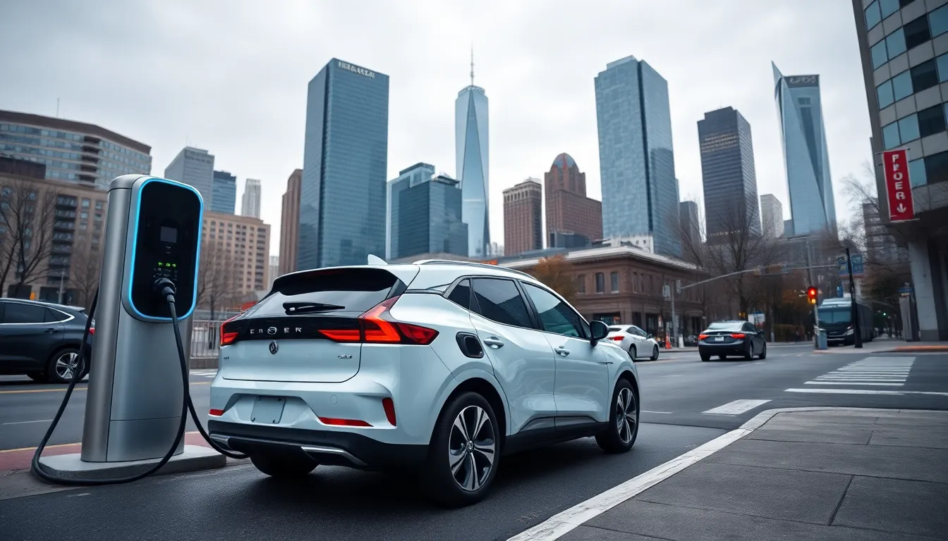 This dynamic image captures an electric vehicle charging at a modern station with a vibrant city skyline in the background. The cool overcast lighting complements the urban environment, showcasing the integration of eco-friendly transport in metropolitan areas. Detailed textures of the vehicle and charging station contrast with the smooth lines of skyscrapers. The scene effectively communicates the growing acceptance of electric vehicles in urban settings, appealing to environmentally conscious consumers.