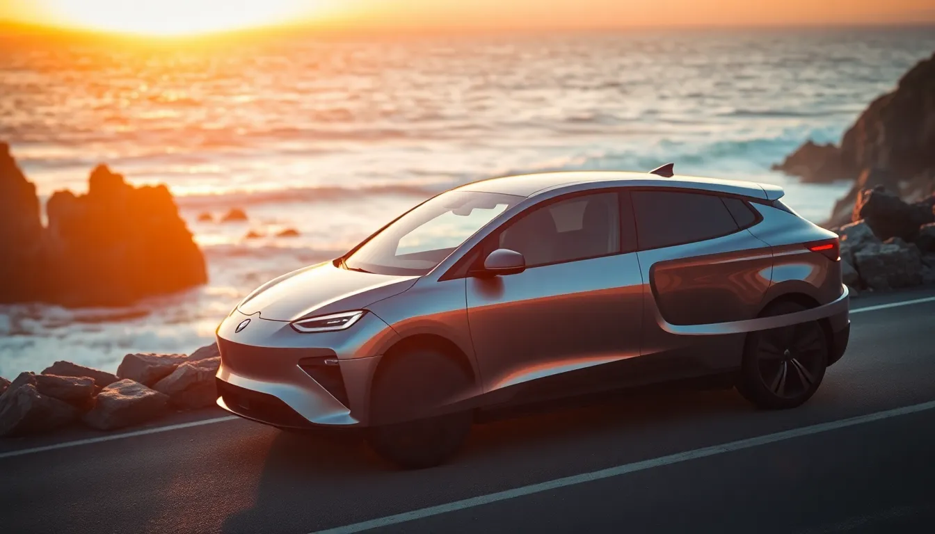 A modern electric vehicle stands beside a scenic coastal highway at sunset, illuminated by warm golden hour light. The contrast between the vehicle's sleek design and the rugged shoreline enhances its contemporary allure. Waves crash in the background, creating a beautiful bokeh effect that complements the vibrant sky filled with orange and pink hues. This striking scene captures the fusion of technology and nature, ideal for showcasing electric transportation in an elegant setting.
