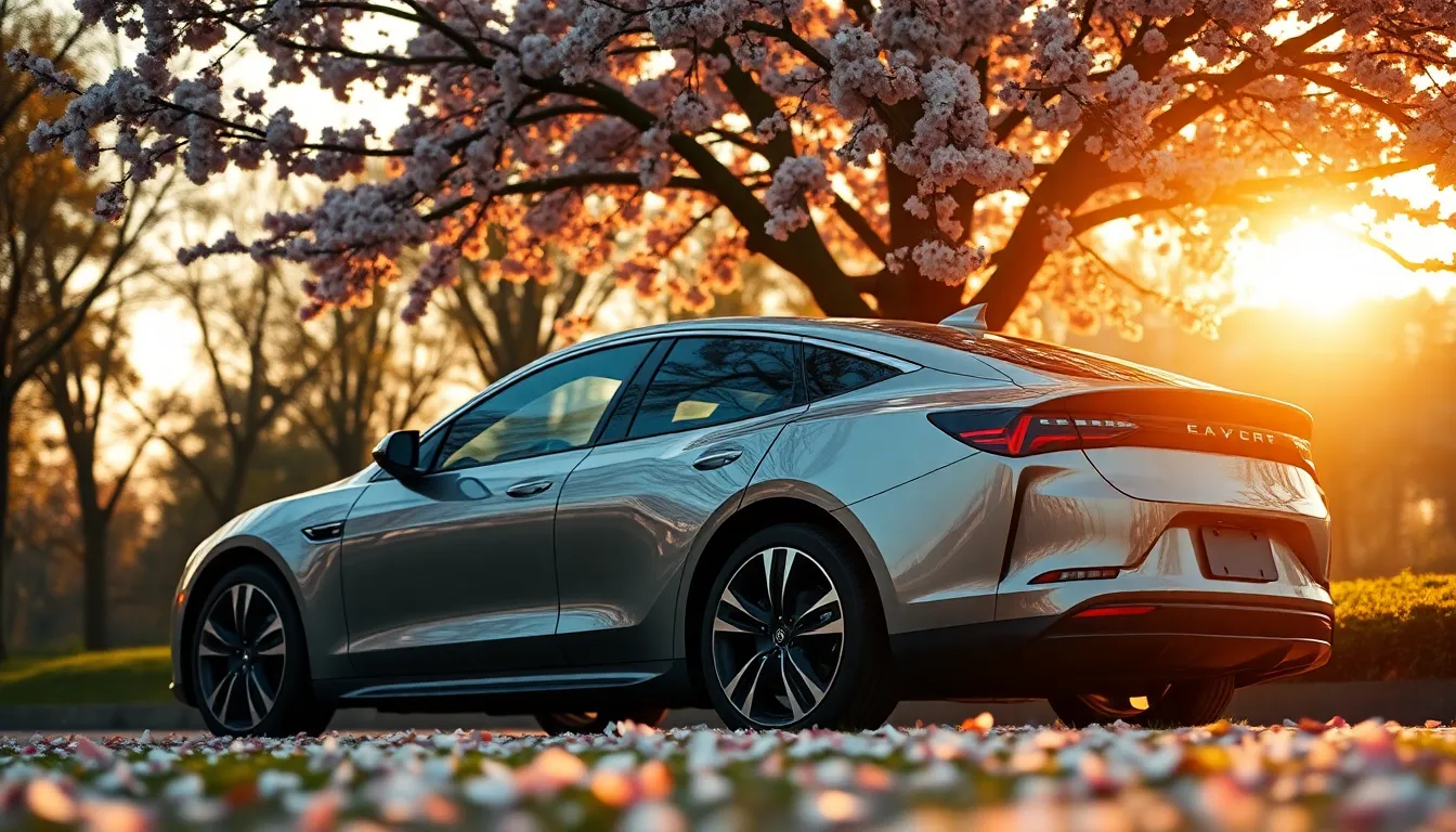 A sleek electric vehicle is perfectly positioned beneath a blooming cherry blossom tree during the golden hour. The vibrant colors of the petals contrast beautifully with the car's polished exterior. The warm rim light highlights the curves of the vehicle while creating a serene atmosphere. This scene encapsulates the harmony between nature and modern technology, enhancing the feeling of tranquility.