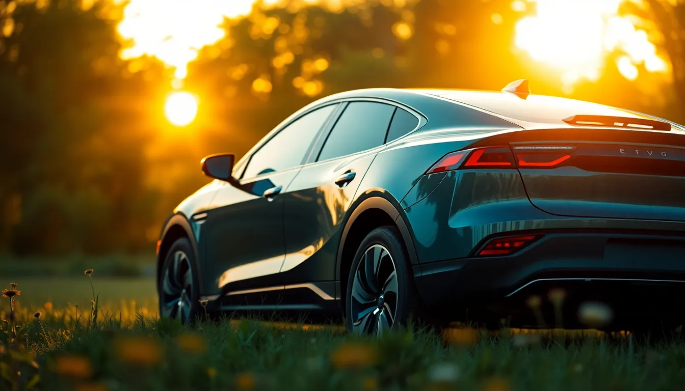 An electric vehicle gleams under the warm golden hour light, positioned against a vibrant green landscape. The sleek metallic surface captures the sun's rays, creating a striking contrast with the colorful wildflowers in the foreground. With a soft bokeh background, the image highlights the modern design of the car while conveying a serene, eco-friendly atmosphere. The composition follows the rule of thirds, drawing attention to the vehicle as the focal point.