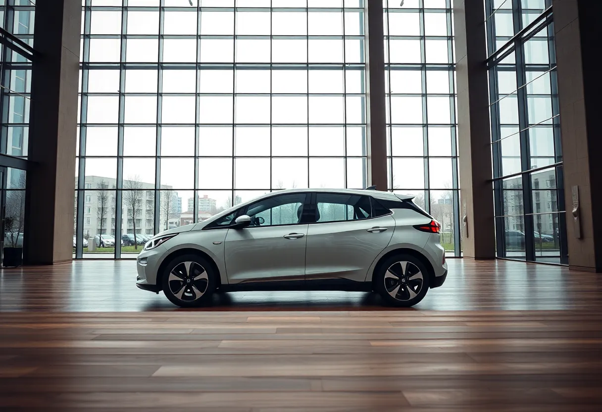 An electric vehicle is positioned artfully in a contemporary urban environment, featuring sleek lines and an innovative design. The soft, diffused daylight highlights the car's polished surface without harsh shadows, creating a fresh and clean aesthetic. The scene's muted tones offer a serene atmosphere, blending technology with modern architecture, perfect for showcasing urban transportation.