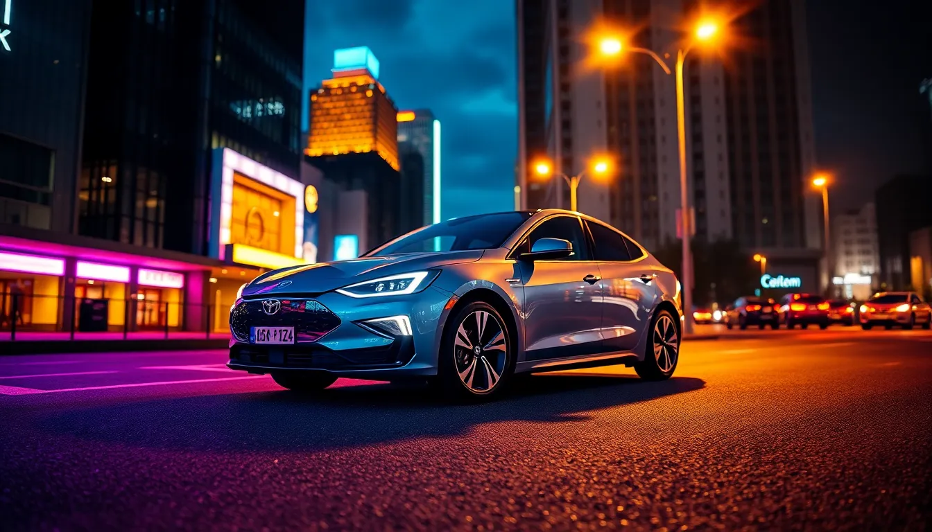 This image captures a sleek electric vehicle parked in a vibrant urban environment during dusk. The scene is illuminated by neon lights reflecting off the polished surface of the car, integrating beautifully with the warm glow from street lamps. The focus on the vehicle with a blurred city backdrop adds depth, while the contrasting cool and warm color palette enhances the mood. The composition draws the viewer in with leading lines from the pavement, creating an inviting and modern atmosphere.
