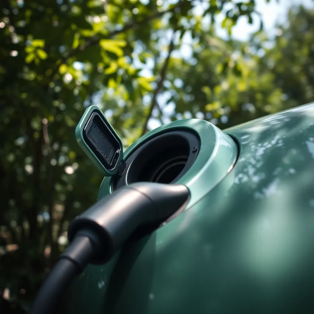 A close-up shot reveals the intricate details of an electric vehicle's charging port, enhanced by soft diffused lighting that showcases the texture of the materials. The metallic silvers and greens create a modern and technological feel, inviting viewers to appreciate the sophistication of electric vehicle design. With a shallow depth of field, the background melts into a smooth bokeh, emphasizing the port's unique features. This image captures a key aspect of sustainable transportation, representing innovation in electric vehicles.