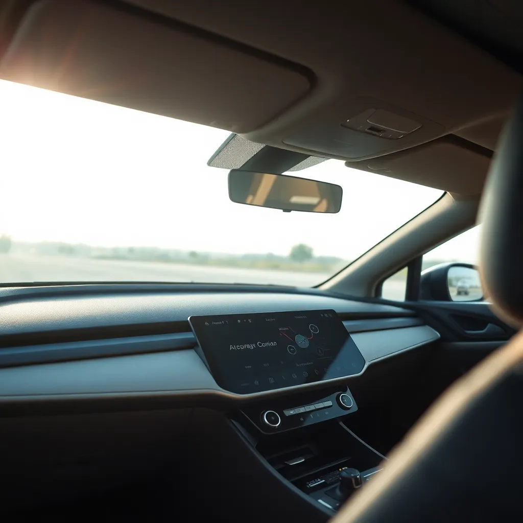 This close-up image showcases the interior of an electric vehicle, focusing on the sleek and modern dashboard. Soft, diffused daylight streams through the windshield, enhancing the rich textures of brushed aluminum and soft-touch plastics. The color palette features muted earth tones with vibrant highlights from the display, creating a harmonious and contemporary feel. The angled perspective highlights the ergonomic design and intricate details, inviting viewers to appreciate the innovation and luxury of electric vehicle interiors.