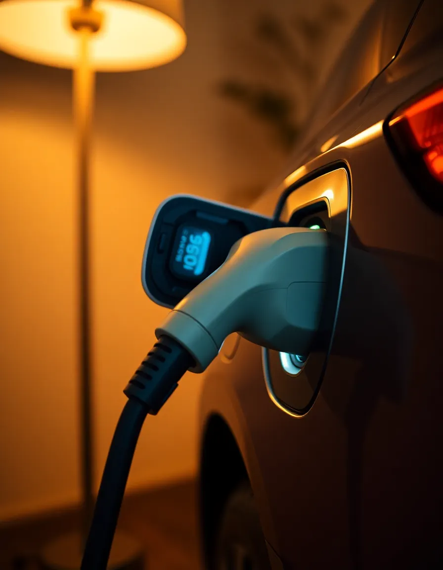 A close-up view of a modern electric vehicle charging station highlights the intricate details of the charging connector and cable. The warm light from a nearby lamp creates an inviting glow, while the tilt-shift effect draws attention to the textures of the equipment. The muted colors create a sense of calm amidst the bustling urban environment, emphasizing the convenience and necessity of EV infrastructure.