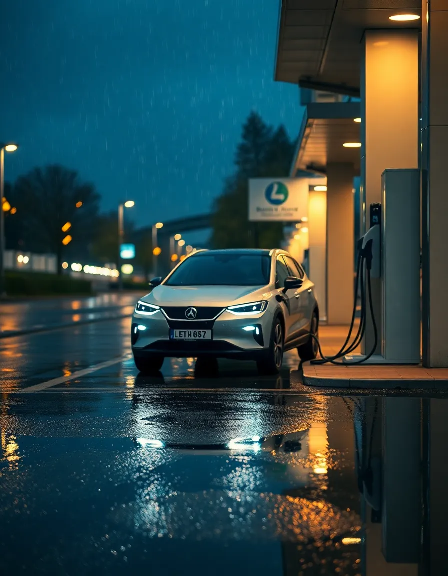 This atmospheric image captures an electric vehicle charging at a station on a rainy evening. Raindrops create a reflective sheen on the ground, enhancing the scene's cozy ambiance as the station's lights illuminate everything with a warm glow. The focus on the vehicle amidst a softly blurred background of lights adds depth and intrigue. The deep blues and bright yellows contribute to a calm yet energetic mood, while the symmetrical composition invites viewers to appreciate the beauty of electric transportation, even in inclement weather.