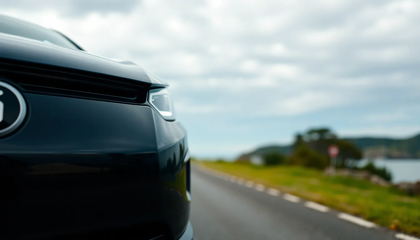 Set against a breathtaking coastal backdrop, an electric vehicle showcases its sleek design, beautifully complemented by the vibrant blues of the ocean and rich greens of the surrounding landscape. The lush colors and soft bokeh create an inviting atmosphere, emphasizing innovation in harmony with nature. The image captures the essence of adventure and sustainability in transportation.