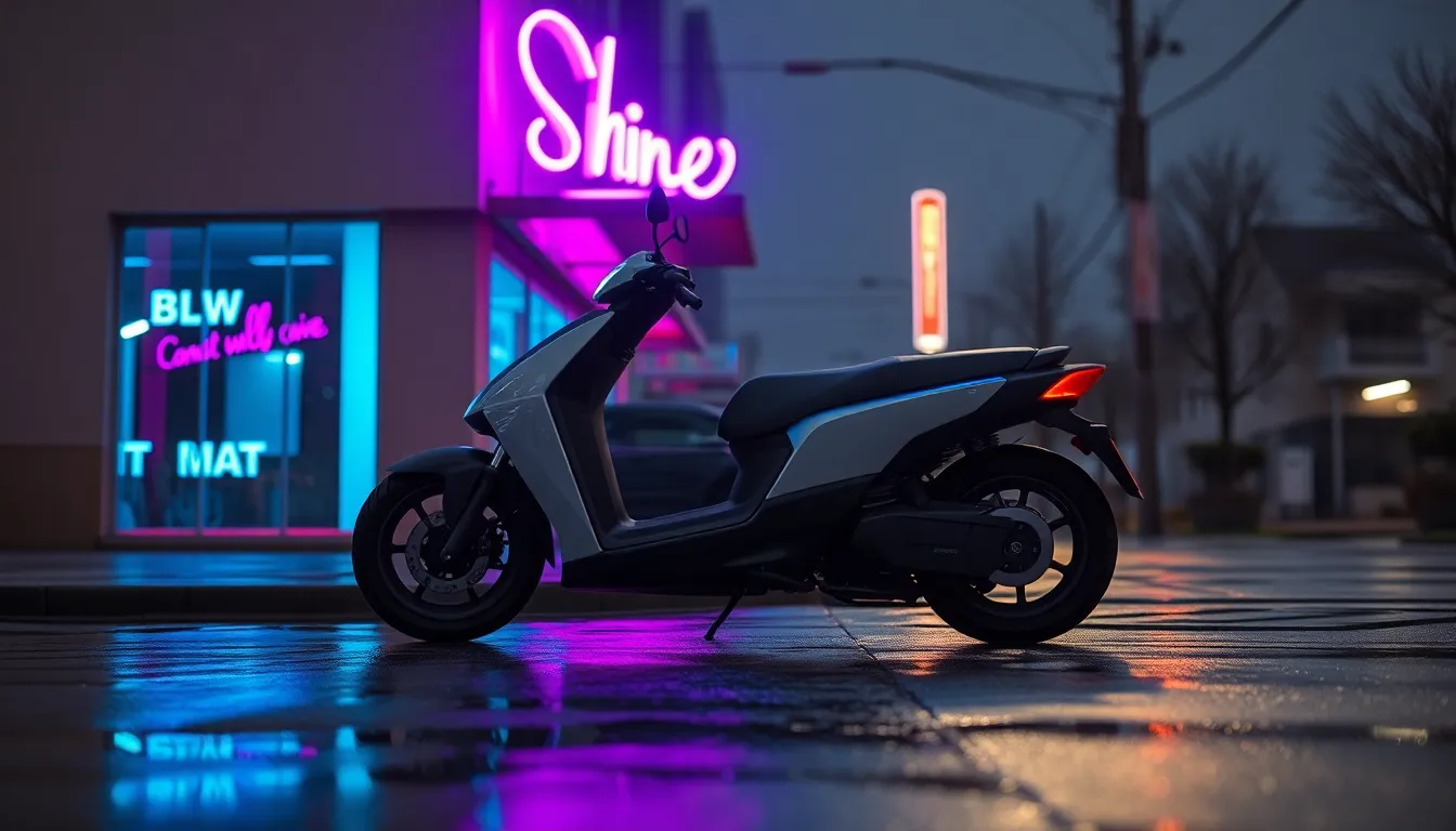 An electric vehicle stands prominently on a dimly lit street, its sleek body reflecting vibrant neon lights on the wet pavement below. The use of butterfly lighting casts dramatic shadows, enhancing the contours of the car's design. The composition angles the vehicle towards the viewer, creating a striking and dynamic scene that evokes a sense of modern urban life infused with electric energy.