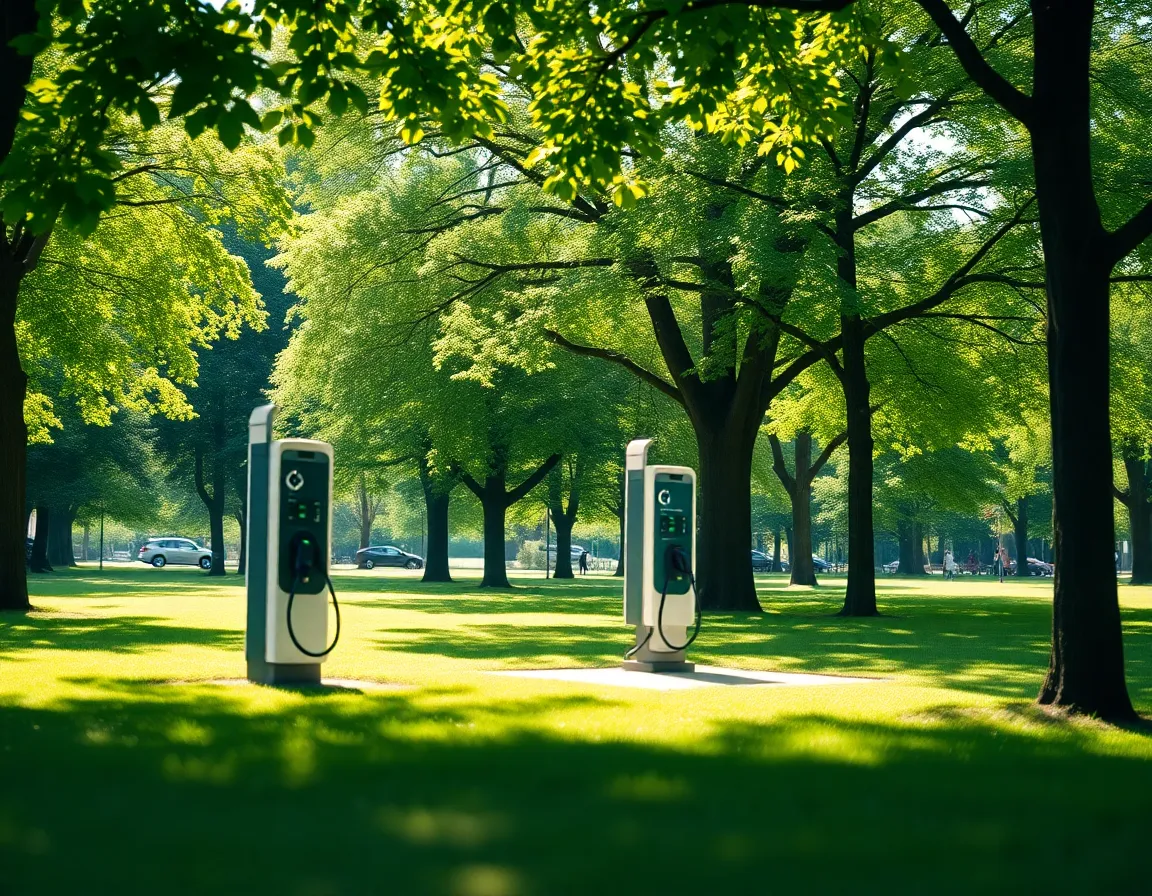 An electric vehicle charging station is nestled in a tranquil park, surrounded by vibrant greenery and trees. The midday light filters through the leaves, creating a serene atmosphere that highlights the importance of sustainable transportation. The photograph captures the harmonious coexistence of technology and nature, showcasing an eco-friendly future. With a thoughtful composition and natural color palette, this image evokes a sense of peace and innovation while promoting the growing accessibility of electric vehicle charging infrastructure.