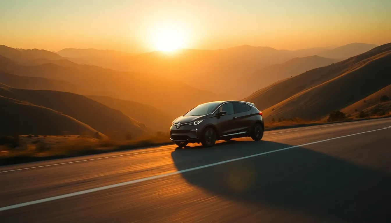 An electric vehicle speeds along a winding mountain road, showcasing the thrill of driving in an eco-friendly car. Sunlight bathes the scene in bright afternoon light, creating vibrant contrasts between the vehicle's colors and the lush greenery surrounding it. With sharp focus on both the car and the stunning mountain landscape, the image conveys a sense of freedom and adventure. This striking composition captures the essence of dynamic electric transportation amidst nature.