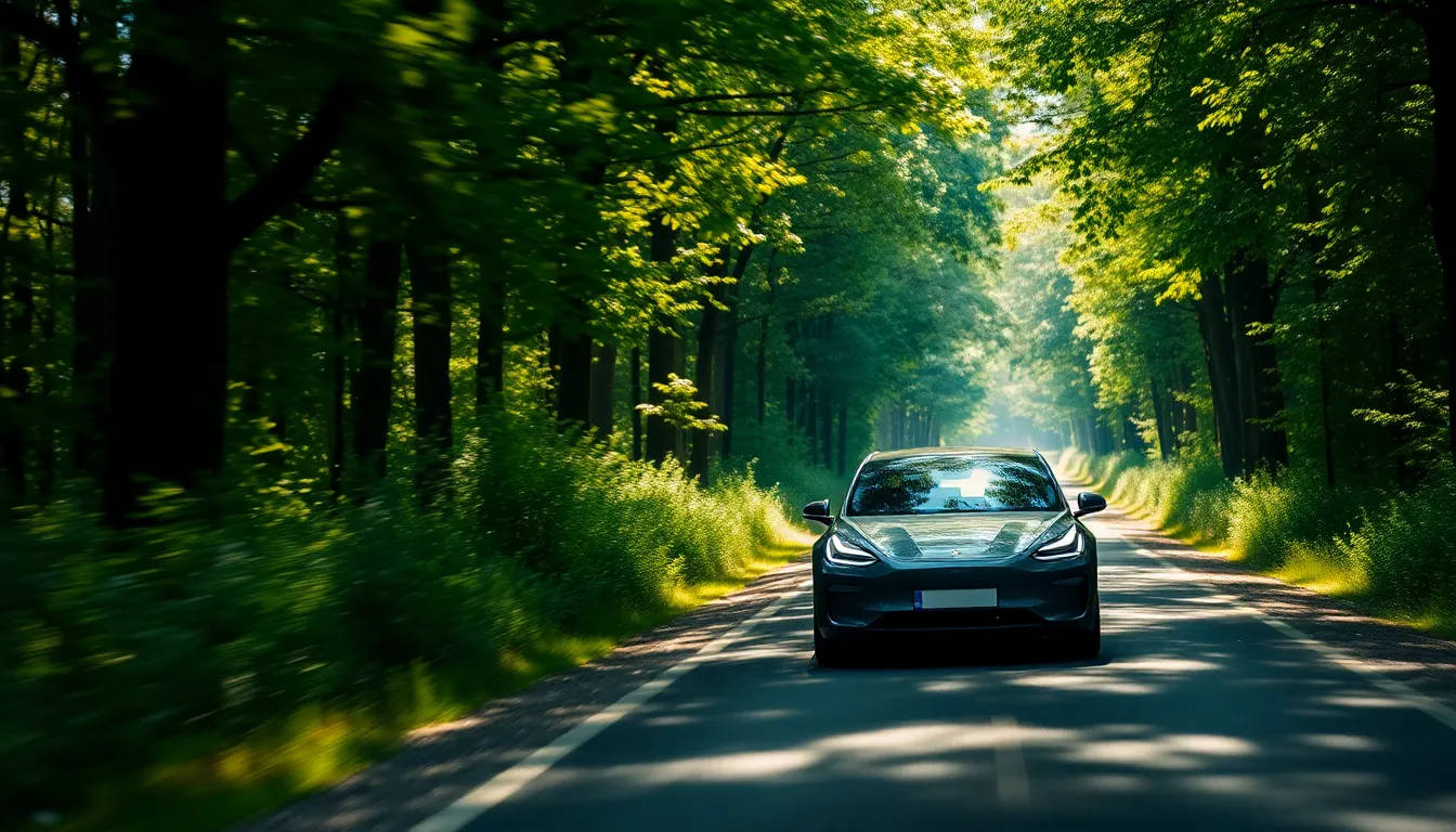 An electric vehicle navigates a winding road through a lush, green forest, captured under dappled sunlight that filters through the canopy above. The vivid colors of the foliage surround the car, enhancing its modern silhouette against a backdrop of nature's beauty. The composition employs leading lines to guide the viewer's eye along the road, while the sharp focus on both the vehicle and the environment emphasizes the harmony between technology and nature.