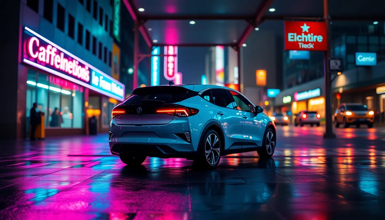 A modern electric vehicle is parked under an awning during a vibrant rainy night in the city. Neon lights reflect off the wet pavement, creating a colorful backdrop that enhances the vehicle's sleek design. The selective focus highlights the car while the blurred city lights add a dynamic quality to the composition. This evocative scene captures the essence of contemporary urban living, showcasing electric transportation in a lively setting.