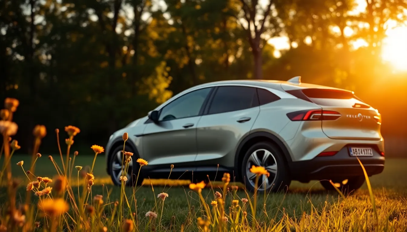 A stunning electric vehicle is showcased during the golden hour, basking in warm backlighting that enhances its sleek lines and reflective surface. Positioned against a natural backdrop of lush greenery and wildflowers, the scene bursts with vibrant colors inspired by Fujifilm Velvia. The composition artfully balances the vehicle and the surrounding environment, creating a harmonious experience that captures the essence of modern transportation.