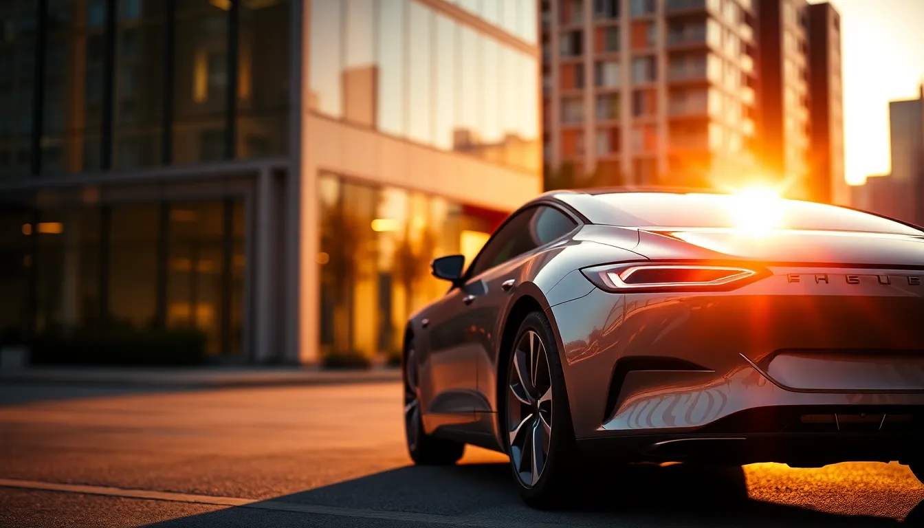 A modern electric vehicle parked elegantly beside a glass building during golden hour. The warm backlighting accentuates the car's sleek design, creating a vibrant ambiance with rich sunset colors. The soft background bokeh emphasizes the vehicle as the focal point while capturing the essence of urban life. Reflections on the car's surface reveal subtle details and textures, enhancing the composition.