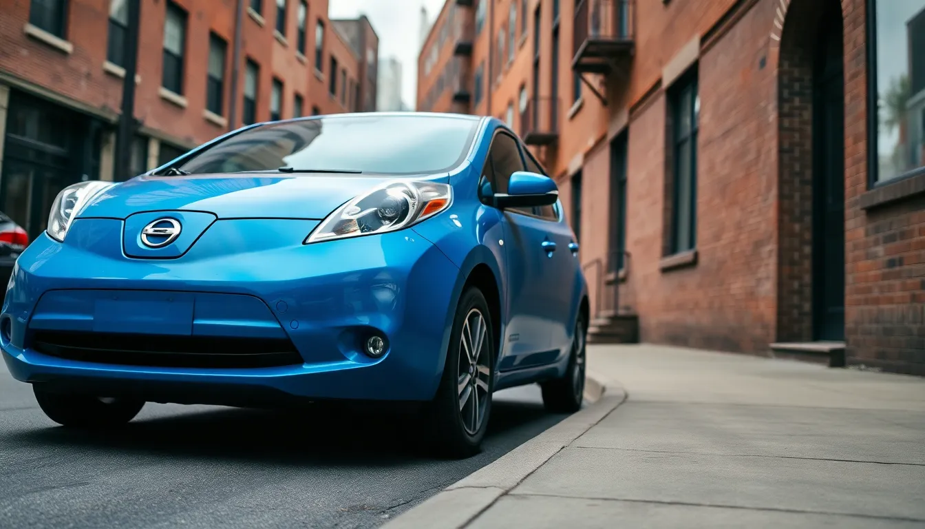 A vibrant blue electric vehicle is parked on a city street, surrounded by warm-toned brick buildings. The overcast sky creates a soft, diffused light, enhancing the vehicle's sleek lines. Leading lines from the sidewalk guide the viewer's attention, showcasing the contrast of modern technology against classic architecture. The image captures the essence of urban living and sustainable transportation.