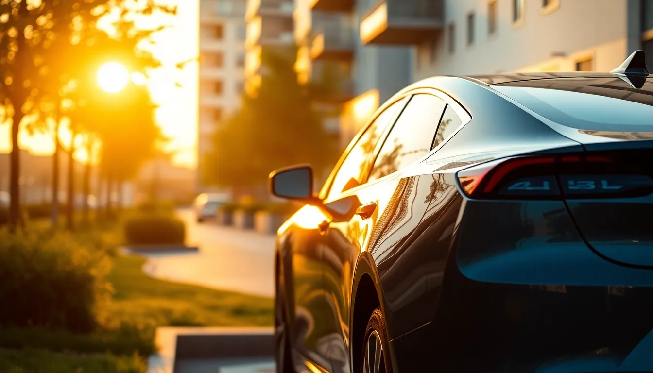 This image captures a sleek electric vehicle parked in a contemporary urban environment during golden hour. The warm backlighting enhances the car's polished exterior while dappled light filters through nearby greenery. With a soft bokeh background, this composition highlights the vehicle's modern design and eco-friendly appeal, evoking a sense of innovation and environmental consciousness.