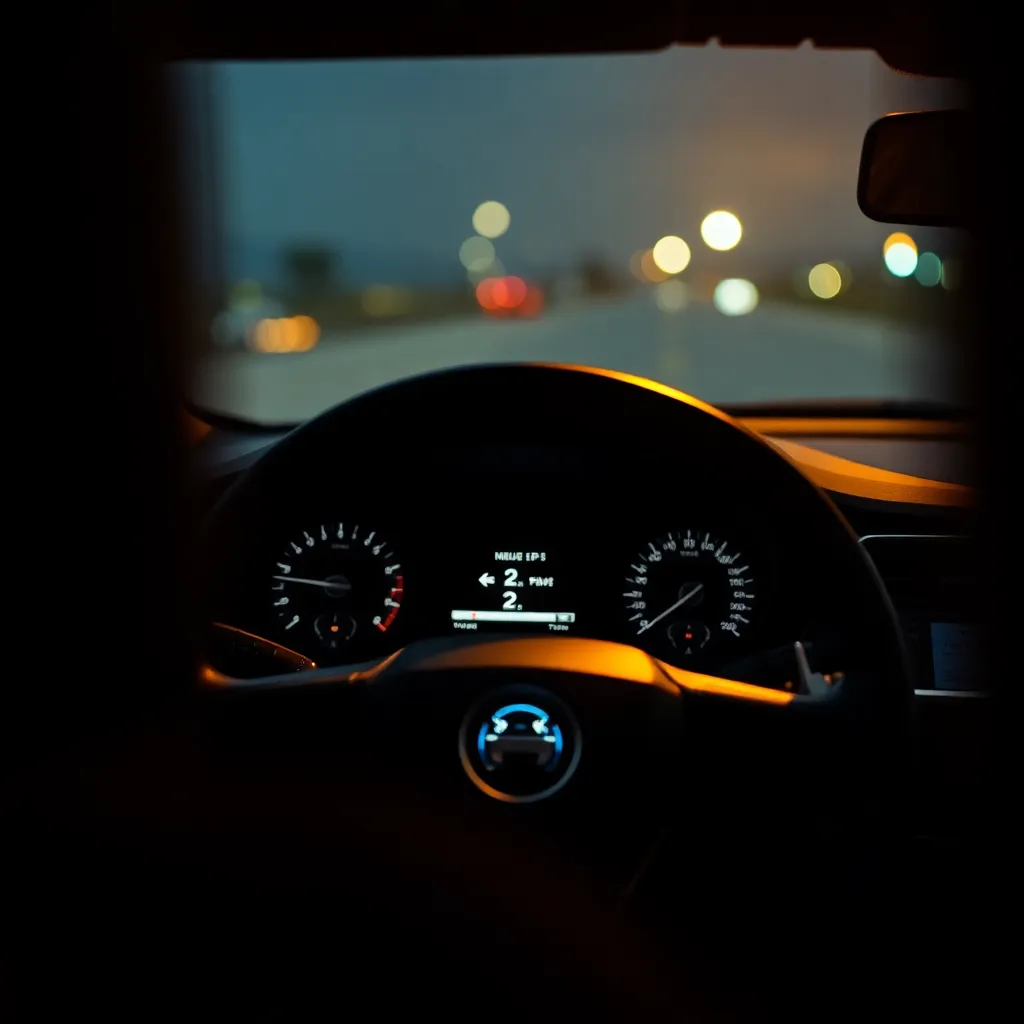 An intimate view of an electric vehicle's dashboard taken under warm tungsten lighting. The macro shot highlights the intricate details of the digital display and the steering wheel, inviting viewers to appreciate the technology. The warm and inviting color palette enhances the luxurious feel of the interior. The soft bokeh in the background furthers the focus on the dashboard's textures.