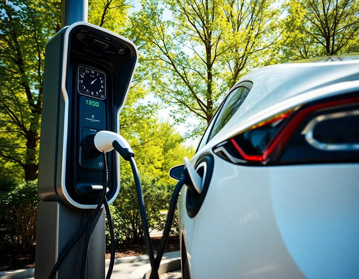 A modern electric vehicle is plugged into a sleek charging station on a sunny day, surrounded by lush greenery. The vibrant colors and fine details come to life in this close-up shot, illustrating the harmony between technology and nature. The crisp focus highlights both the vehicle and the charging infrastructure, emphasizing the importance of sustainable energy solutions in our environment.