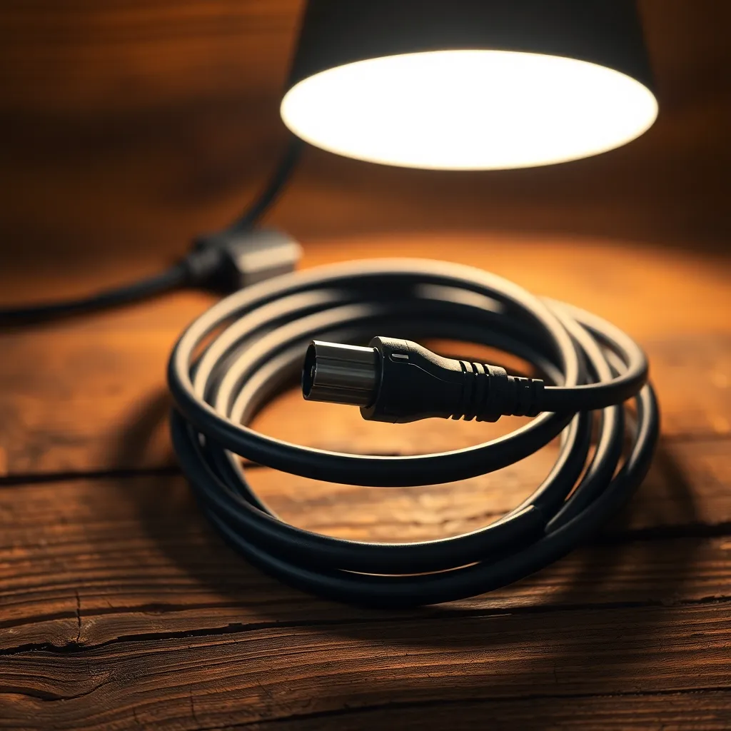 Close-Up of Electric Vehicle Charging Cable A close-up shot of an electric vehicle charging cable elegantly coiled on a rustic wooden surface. Warm tungsten lighting casts a soft glow, accentuating the intricate details of the cable against the textured wood. The shallow depth of field draws the eye to the charging connectors, creating an intimate and inviting atmosphere. Natural muted tones add warmth to this visually appealing composition.