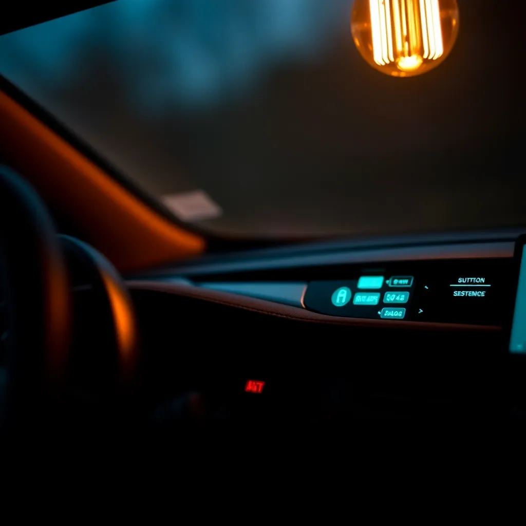 This close-up image reveals the luxurious details of an electric vehicle's dashboard, illuminated by a warm tungsten desk lamp. The intricate textures of brushed aluminum and fine leather are highlighted, creating an inviting and high-end atmosphere. The warm color palette, combined with soft background gradients, emphasizes modern design and technological sophistication, perfect for showcasing the interior of electric vehicles.