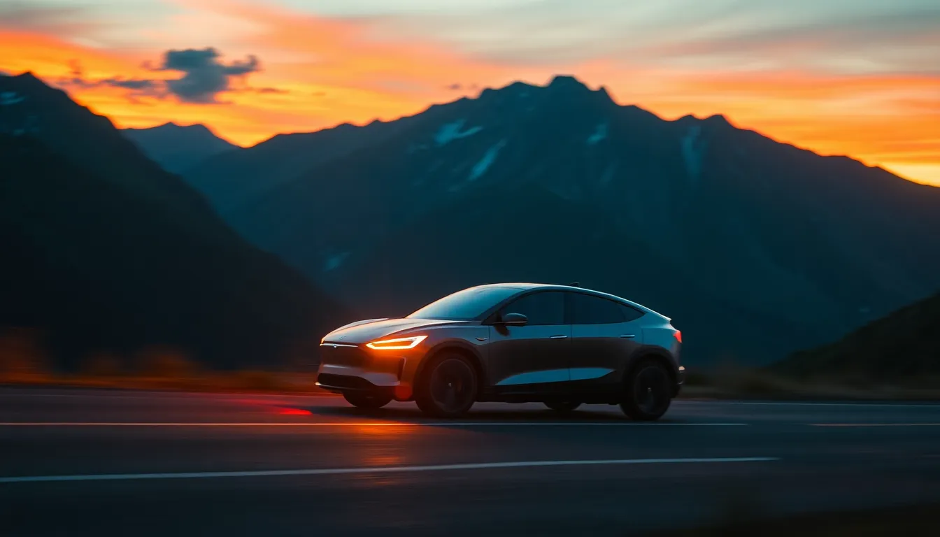 Electric Vehicle on Scenic Mountain Road at Sunset