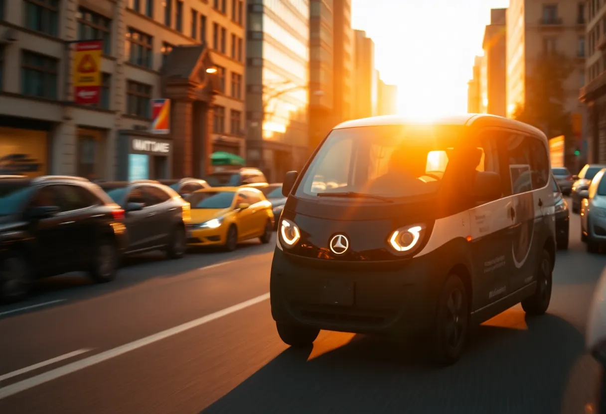 An electric vehicle gliding through a bustling city street during golden hour. The warm lighting accentuates the sleek lines of the car, harmonizing with the vibrant city backdrop. The selective focus directs attention to the moving vehicle while the blurred city life creates a dynamic atmosphere. The interplay of warm oranges and cool blues adds to the lively mood of urban transportation in action.