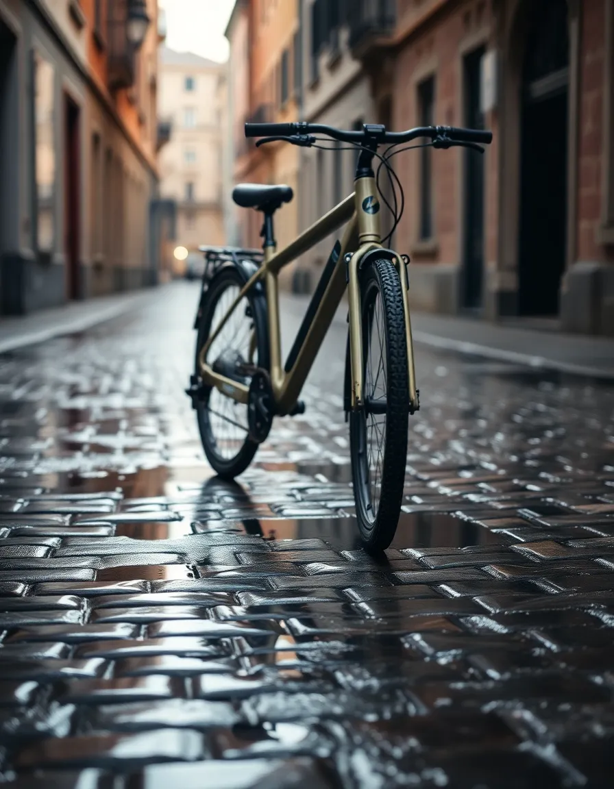 An electric bike rests on a cobblestone street, reflecting in the puddles after an early morning rain. The soft, natural light highlights the bike's sleek design while the muted earth tones of the street create a harmonious background. Captured from a low angle, the image emphasizes the unity of technology and environment, presenting a serene yet dynamic scene of urban transportation amidst the aftermath of a rainstorm.
