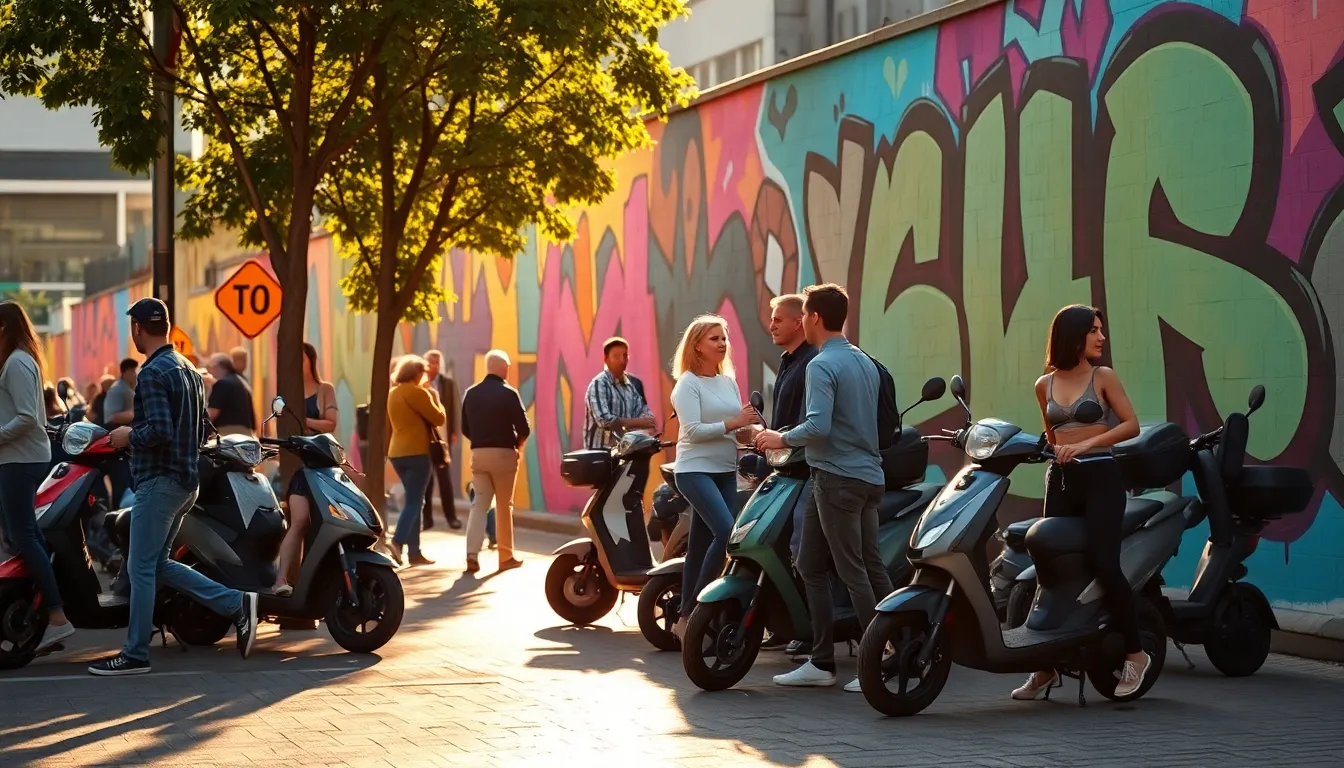 Urban Interaction with Electric Scooters In a vibrant urban scene, pedestrians interact with electric scooters parked along a colorful mural wall. The late afternoon light enhances the lively atmosphere, casting soft shadows and creating dynamic reflections. With a shallow depth of field, the focus is on a group engaged in conversation, while the bold hues of the mural melt into an artistic bokeh background. This composition captures the essence of modern urban mobility.
