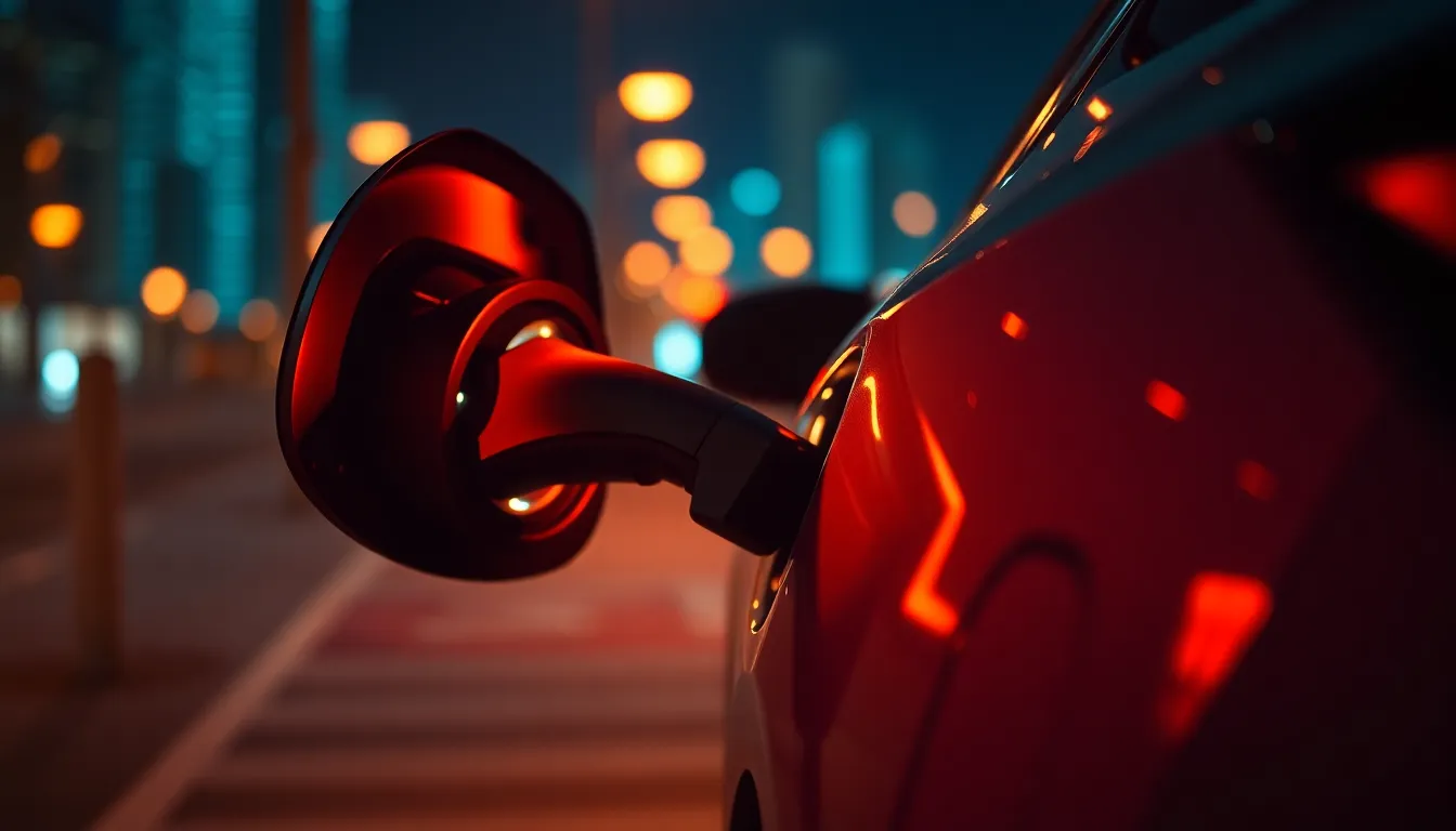 A close-up of an electric vehicle connected to a charging station shines under the warm glow of neon lights on a bustling city night. The intimate composition focuses on the sleek lines of the vehicle and the delicate details of the charging port, creating a captivating relationship between technology and urban life. Cinematic teal and orange color grading enhances the atmosphere, while the shallow depth of field blurs the surrounding city lights, drawing attention to the modern design.