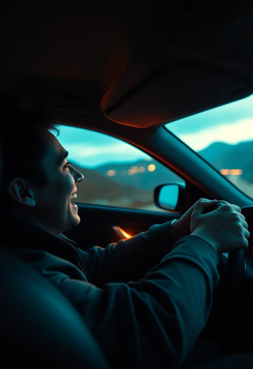 Inside an electric vehicle, a joyful driver beams with excitement while navigating a winding mountain road. The cinematic lighting from the firelight creates a cozy atmosphere, accentuating the soft textures of the leather interior. The teal and orange color grading adds a dynamic contrast to the scene, making it feel vibrant and alive—a perfect moment highlighting the thrill of electric driving.