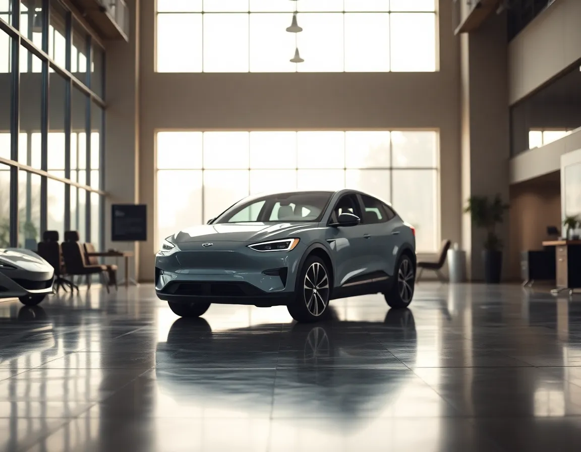 An electric vehicle is showcased in a stylish and spacious showroom, bathed in natural light that accentuates its modern design. The soft earth tones of the environment complement the car's sleek features, creating an inviting space for potential buyers. Reflections on the polished concrete floor add depth to the composition, while the shallow depth of field sharpens the focus on the vehicle itself. This image captures the essence of luxury and innovation in electric transportation.