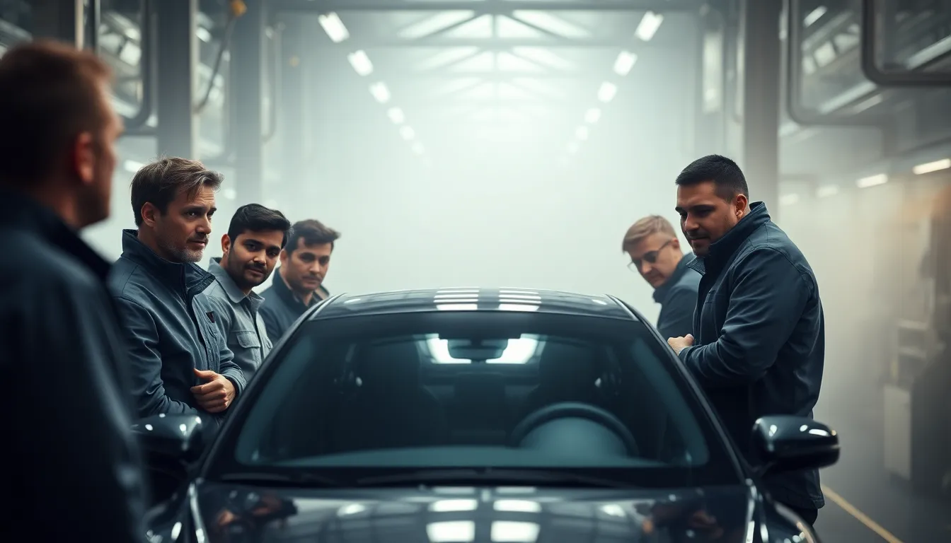 In a misty morning scene, workers at an electric vehicle factory meticulously inspect a newly produced model. The soft, diffused lighting enhances the atmosphere, while shallow depth of field emphasizes their concentrated expressions. The muted color palette of grays and blues creates a professional ambiance, showcasing the dedication and craftsmanship involved in electric vehicle production. This image captures the essence of innovation and teamwork in a cutting-edge industry.