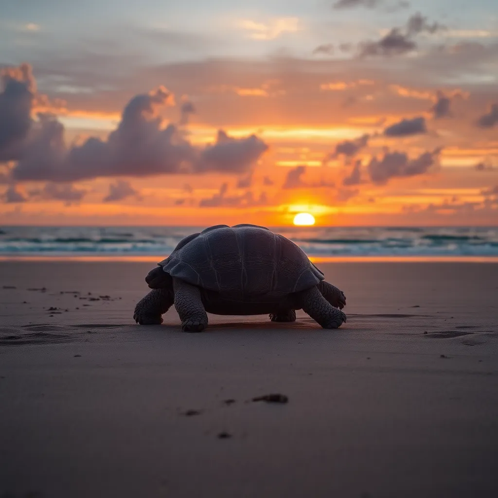 Giant Tortoise at Sunset on Galápagos Beach