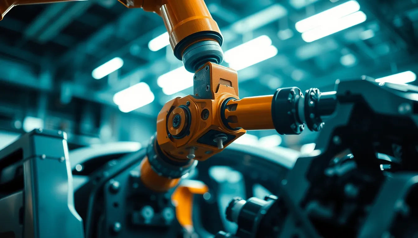 This striking close-up portrays a robotic arm in action, meticulously assembling car parts in a high-tech industrial environment. Illuminated by harsh overhead lights, the scene creates sharp contrasts that accentuate the complexity of the machinery. The cinematic color grading adds a modern touch, while the centered composition draws the viewer into the heart of engineering innovation. Every detail, from the screws to the robotic joints, emphasizes the precision and efficiency of modern manufacturing.