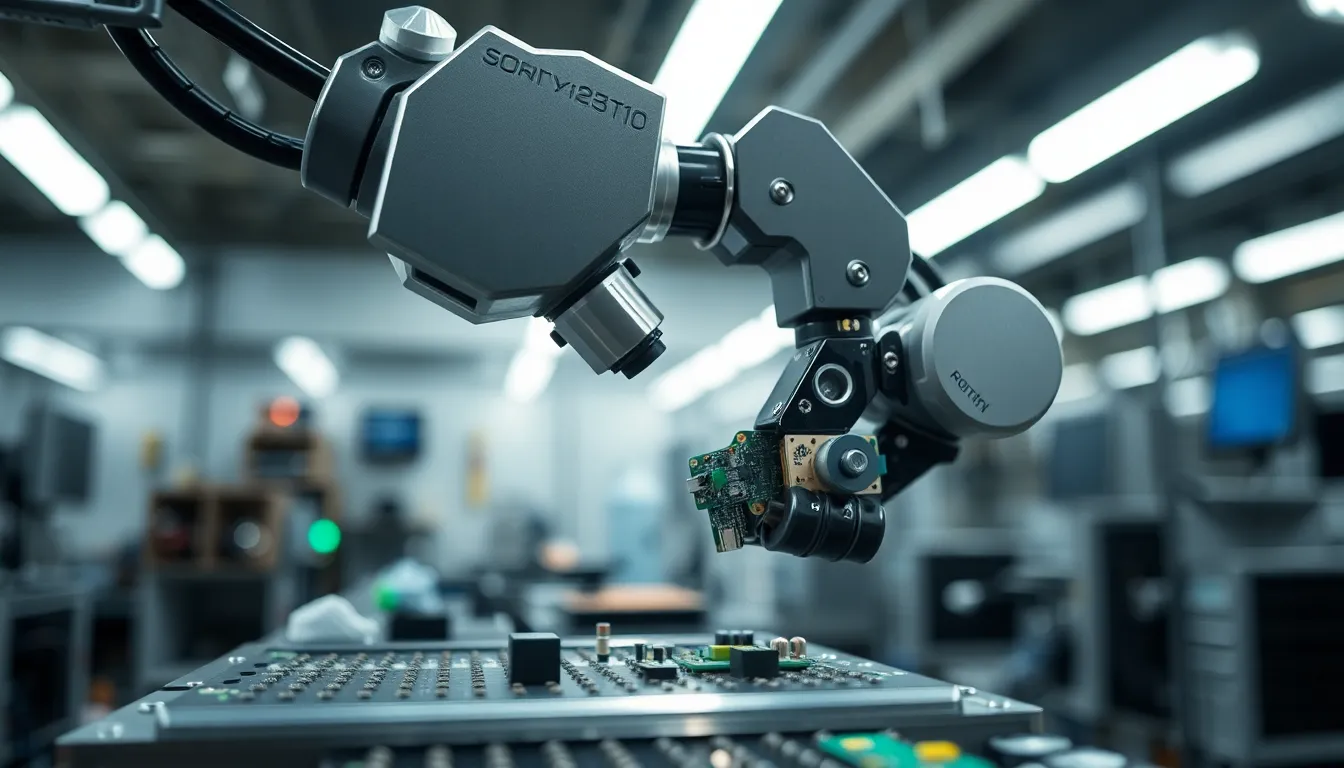 Robotic Arm Assembling Electronics in Factory A robotic arm deftly assembles tiny electronic components under bright LED lights in a high-tech factory. The intricate details and textures of the robot are brought to life through sharp focus and rich colors, with a striking contrast between the cool metallic surfaces and the vibrant electronic parts. This image captures the precision and innovation of modern engineering in an automated environment.