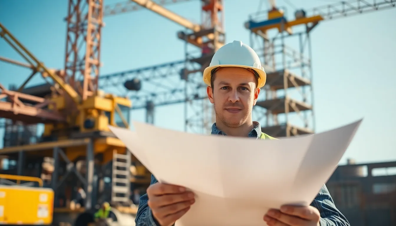 This image showcases a focused construction engineer examining blueprints at a bustling construction site. Bathed in warm afternoon sunlight, the vibrant hues of the machinery and safety gear contrast beautifully with the earthy tones of the surroundings. The shallow depth of field emphasizes the engineer's concentration, capturing the moment with a perfectly balanced composition. The interplay of crisp shadows and detailed textures brings the industrial setting to life.