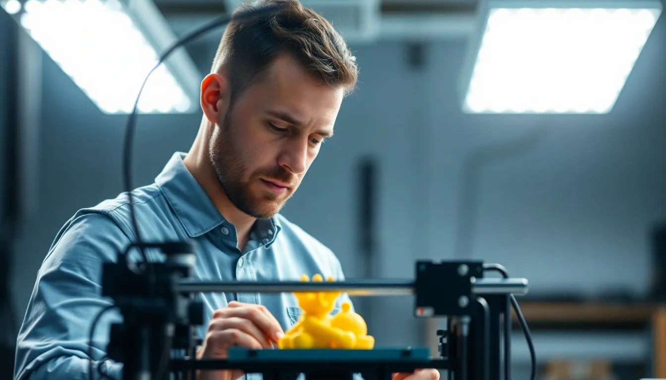 This image captures a mechanical engineer deeply engaged in the art of 3D printing in a modern tech studio. Soft diffused lighting enhances the ambient mood, while the shallow depth of field draws the viewer's eye to the intricate details of the printer and the focused expression of the engineer. The palette of muted colors evokes a sense of professionalism and innovation, showcasing the intersection of engineering and technology.