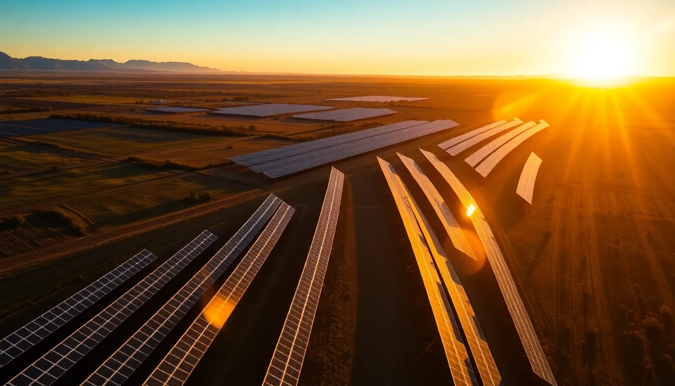 This stunning aerial photograph captures a solar farm at golden hour, where rows of solar panels glisten in the warm sunlight. The vast landscape stretches out beneath a vibrant sky, evoking a sense of tranquility and sustainability. The leading lines of the panels guide the viewer's gaze, while the rich colors create an emotional connection with renewable energy. The smooth surface texture of the panels adds an inviting contrast to the earthy surroundings.