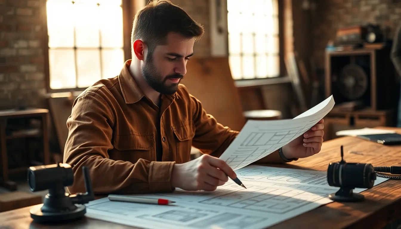 Engineer Analyzing Blueprints in Industrial Setting