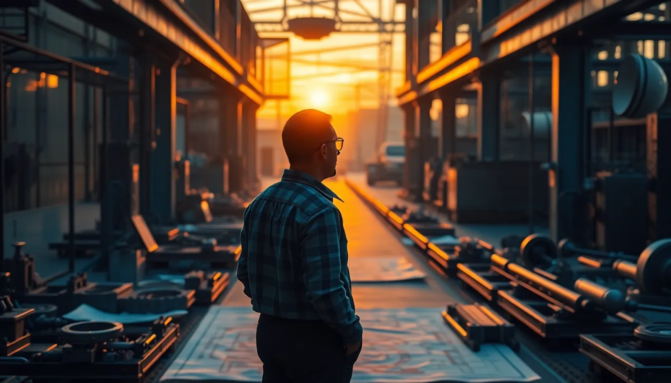 Engineer Reviewing Plans at Sunset