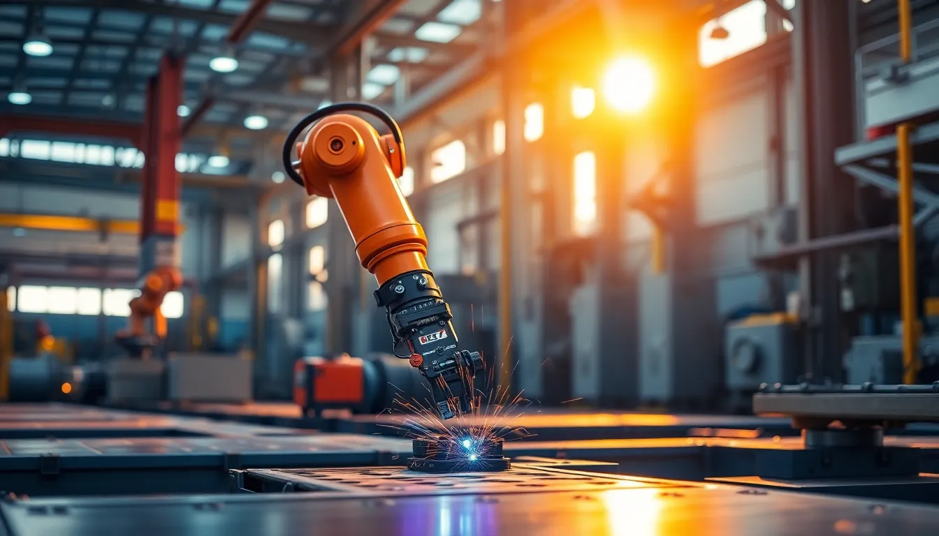 This image captures a robotic arm in action, welding components on a bustling factory floor. The early morning light creates dramatic shadows and highlights the polished surfaces of the machinery. The shallow depth of field focuses on the welding process while surrounding details softly blur, enhancing the robotics' precision. The vibrant color palette emphasizes the industrial environment, showcasing the blend of technology and manual craftsmanship.