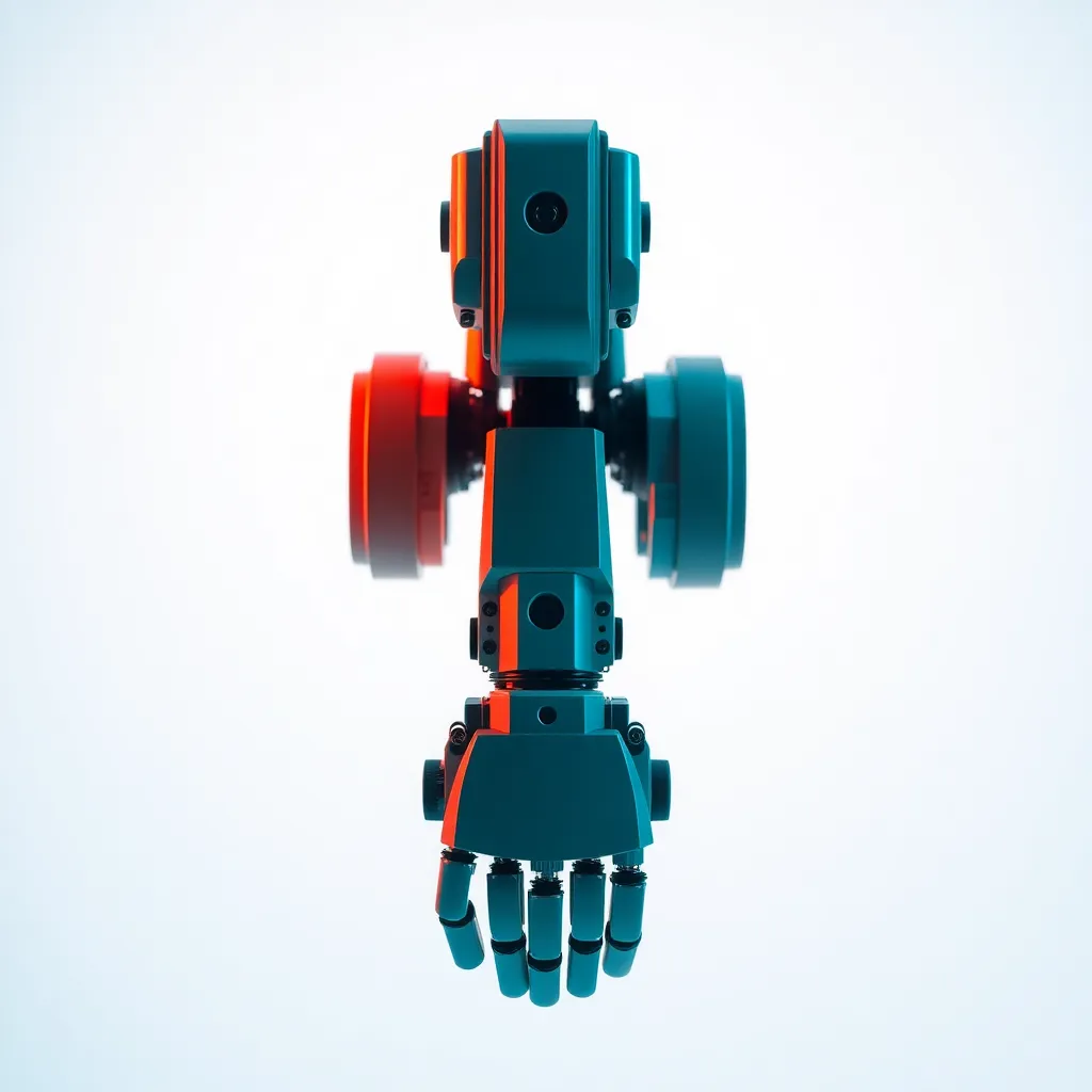 A high-tech robotic arm showcased in a controlled studio environment. The composition is centered and symmetrical, emphasizing its sleek design. The teal and orange color grading adds a futuristic vibe, while soft lighting reveals the brushed metal and smooth plastic surfaces. This image captures the essence of modern engineering and technological advancement in automation.