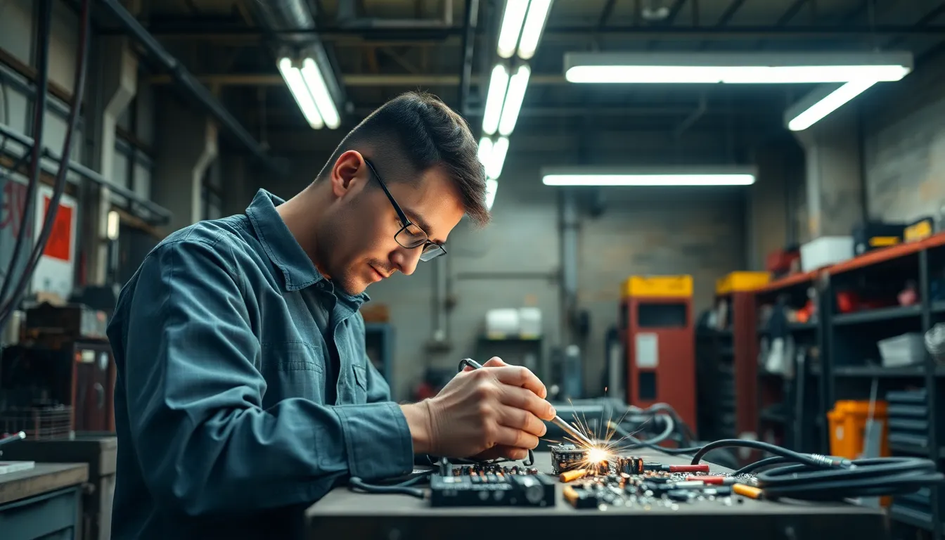 Robotics Engineer Soldering in Industrial Workshop