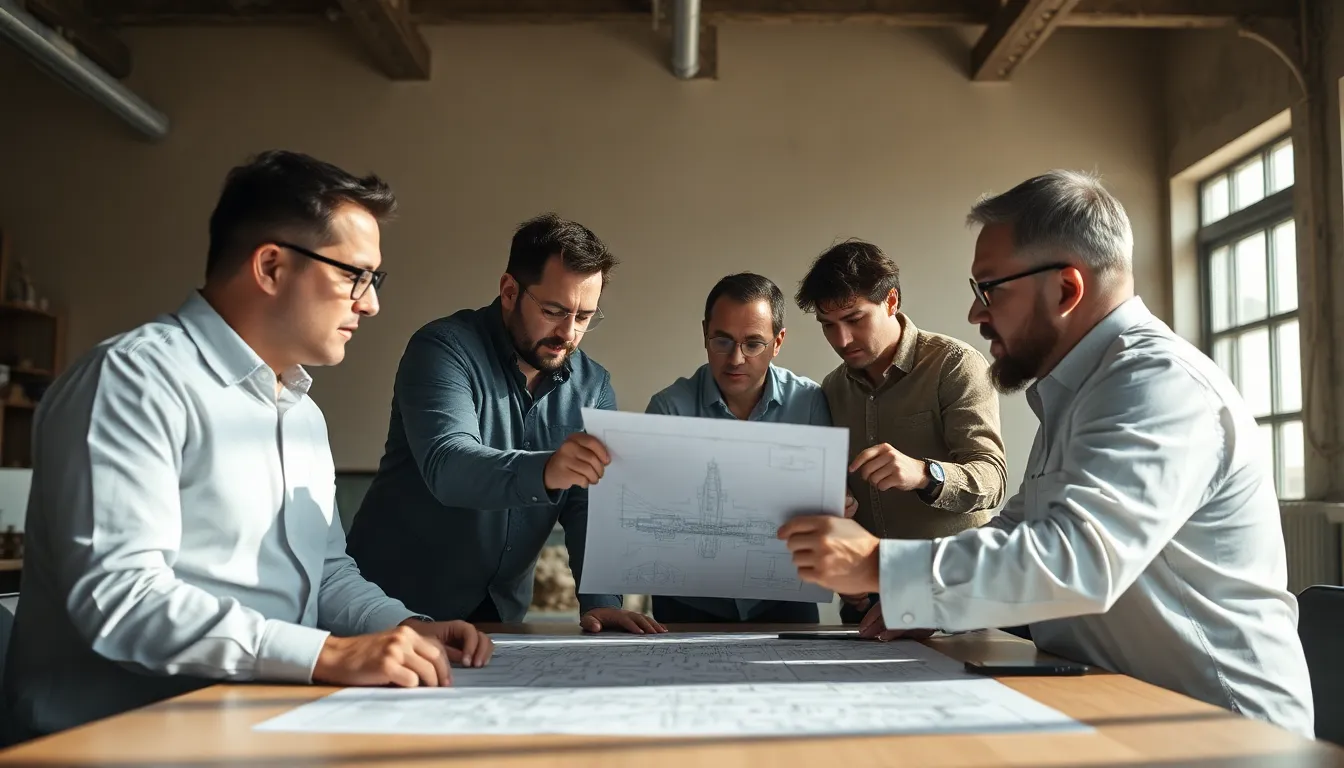 Engineers Collaborating on Blueprints In this image, a team of engineers works intently on blueprints spread across a wooden table. The natural diffused daylight creates a warm and inviting ambiance, allowing for detailed visibility of the plans. The composition centers around the group, with leading lines guiding the viewer's eye toward their focused expressions. The muted earth tones add to the professional atmosphere.