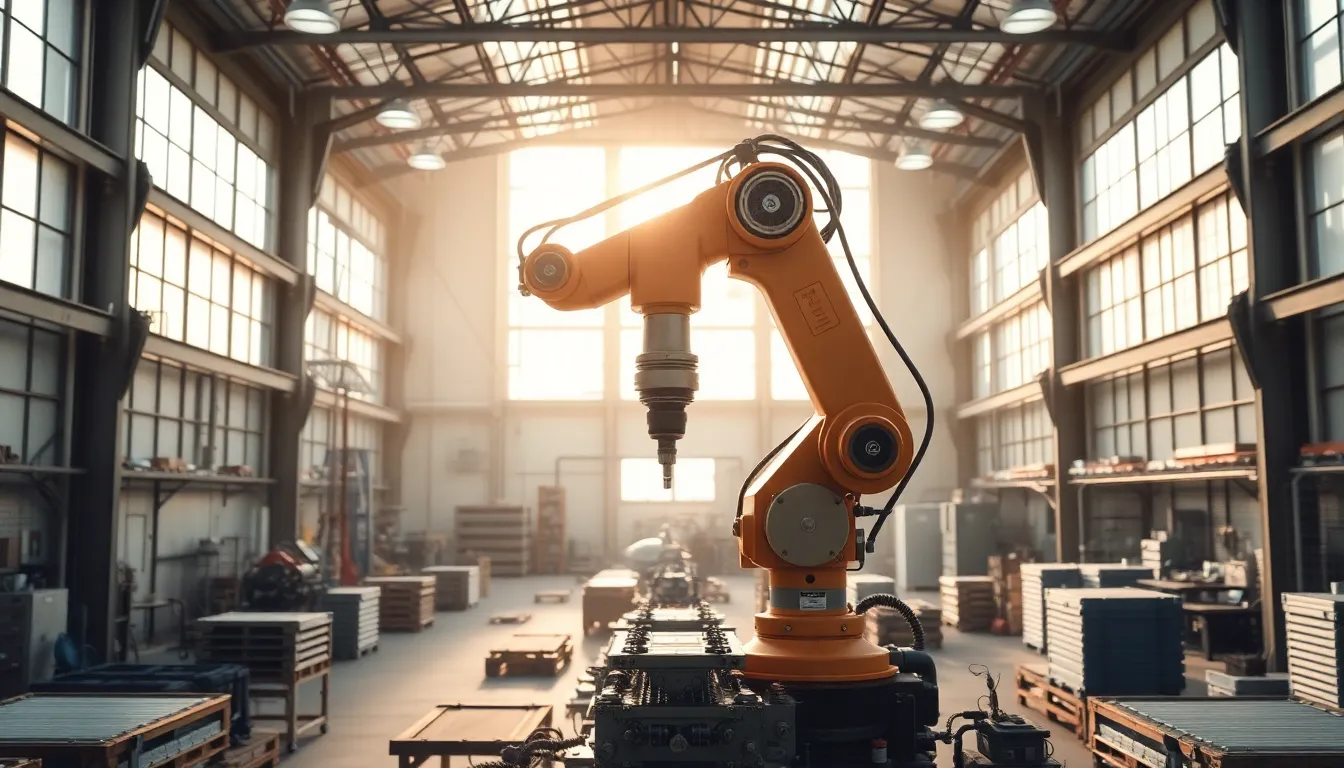 An industrial robot arm is depicted in the midst of assembling components on a sleek assembly line, bathed in soothing, natural light. The image highlights the precise movements of the robot against a backdrop of a modern factory setting. The muted color palette adds to the atmosphere of innovation, while the symmetrical composition draws focus to the technology at hand. The detailed textures of metal and machinery are crisply rendered, showcasing the advanced engineering.