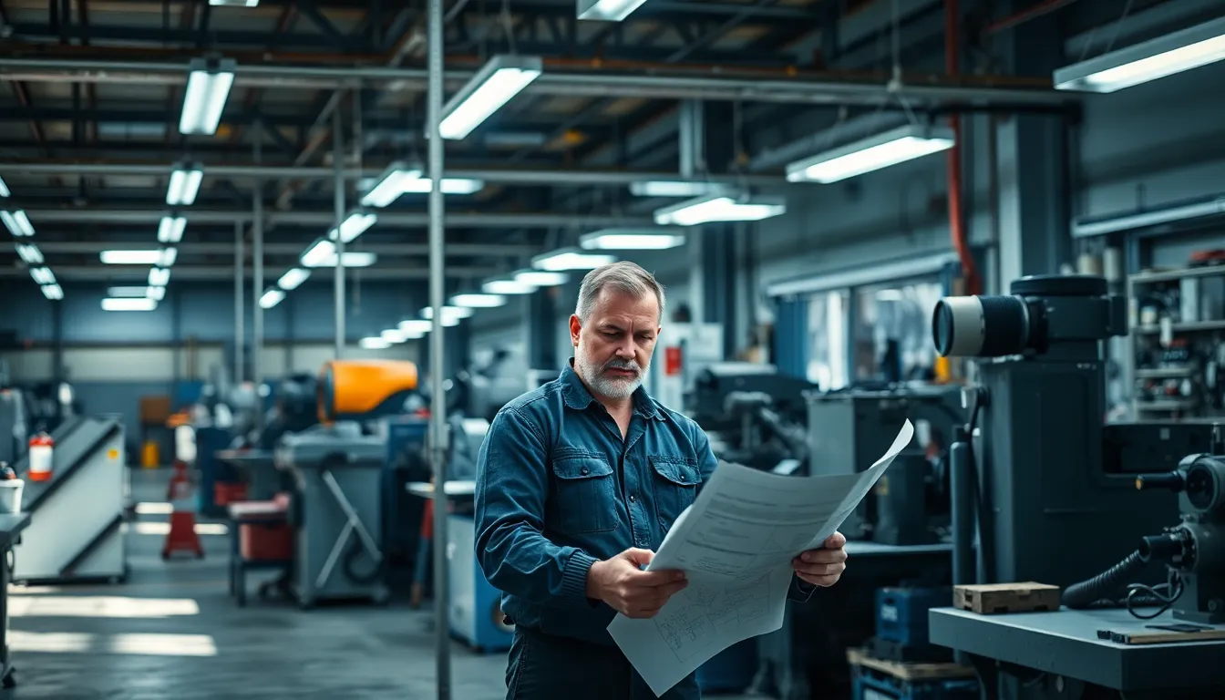 Engineering Workshop with Blueprints and Machinery This image depicts a mechanical engineer in a busy workshop, intensely studying blueprints. The cool fluorescent lighting adds to the industrious atmosphere, while the blurred surroundings emphasize the engineer's focus. Textured concrete floors and metallic tools reflect a typical engineering environment. The color palette combines cold grays and blues, enhancing the professional mood.